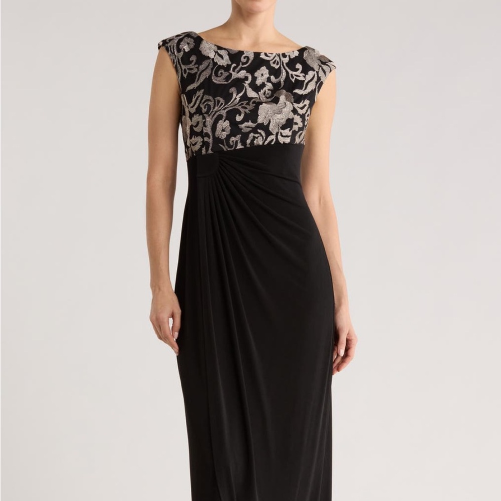 Connected Apparel Petite Black and Gold Faux Wrap Dress